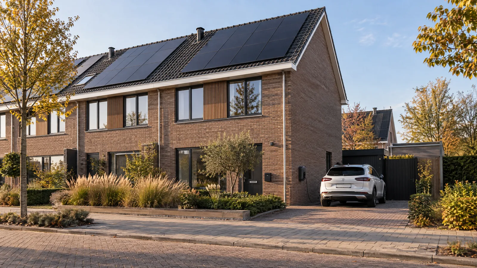 Woning met zonnepanelen en een laadpaal aan de gevel